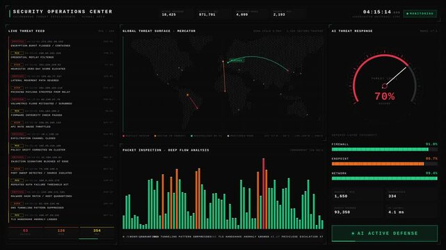 AI cybersecurity operations center monitoring global threat intelligence with real-time red-pulsing attack alerts and green defense responses on a dark carbon interface.
