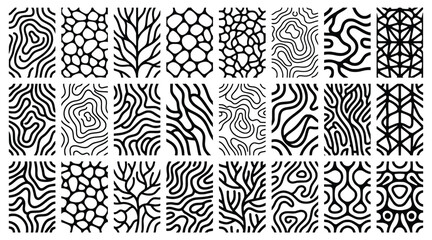 Fototapeta premium Monochrome abstract turing pattern bundle. black white thick organic lines, cellular maze shapes. for modern packaging design, creative apparel print. seamless fluid vector background set.