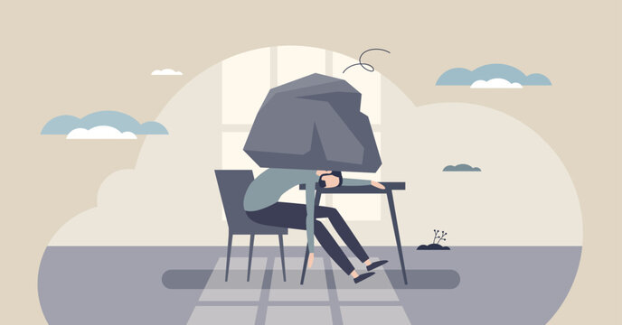 Emotional exhaustion portrayed by a slumped worker at a desk crushed by a huge rock, main objects, rock, desk, chair. Tiny style