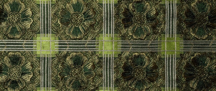 Luxurious green and gold floral brocade fabric with embroidered grid lines. Detailed decorative textile with metallic thread patterns. Elegant background for fashion design and upholstery.