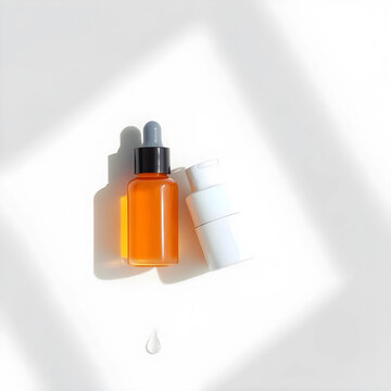 Skincare and beauty product flat lay, cosmetic dropper bottle with serum and pump dispenser on white background with shadows