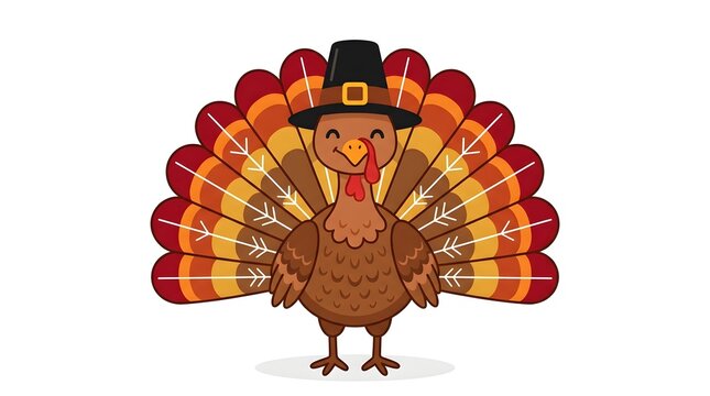 Cute cartoon turkey wearing a pilgrim hat, isolated on white background