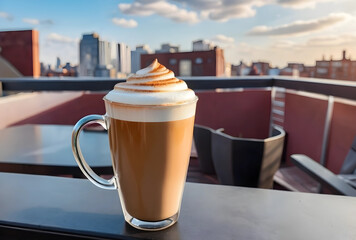 Naklejka premium Rooftop coffee break with whipped cream, urban lifestyle and relaxation, city skyline view at sunset