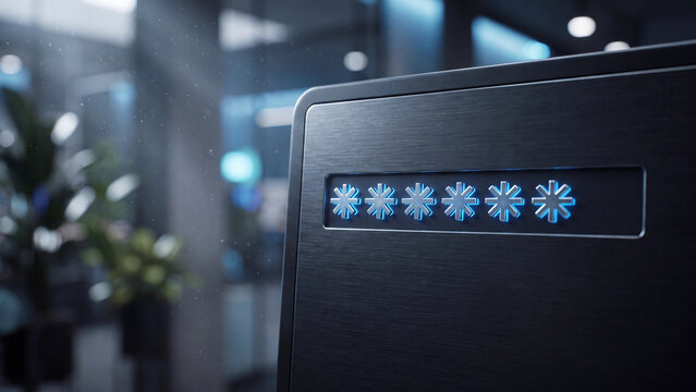 A close-up view reveals a metallic safe with a digital keypad displaying a series of illuminated star symbols, representing security and access.