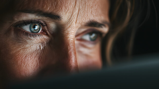 businesswoman working on laptop with eye strain, close up of an eye