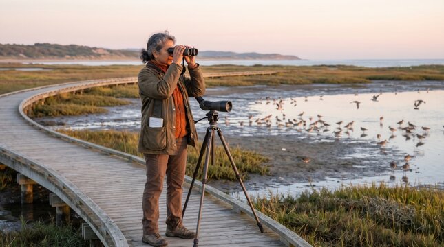Active senior woman looking through binoculars while bird watching at coastal wetland nature reserve. Concept of birdwatcher, spotter scope. Copy space.
