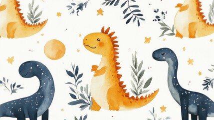 Fototapeta premium dinosaur and moon seamless pattern, watercolor illustration, white background