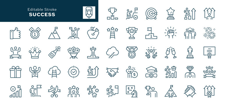 Success outline icons. Victory, winner, champion, motivation, career, personal growth, reward, successfull and goal achievement. Line icon in linear style. Vector collection