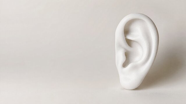 Matte white porcelain anatomical model showing external view of the human ear pinna helix lobule