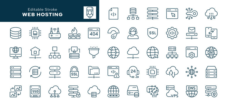 Web hosting outline icons. Webspace, data, server, domain, cloud, traffic, website and more. Line icon in linear style. Vector collection