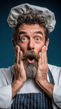 Bearded chef showing exaggerated surprise, holding face with both hands, humorous food concept.