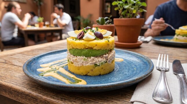 Traditional Peruvian causa rellena with chicken avocado mashed potatoes eggs and olives served outdoors. Concept of cause rellena, peruvian food, causa limea, latin american food.