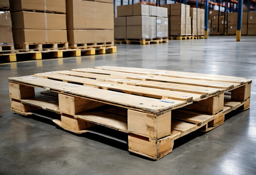 Logistics and supply chain management, empty wooden pallet on warehouse floor with cardboard boxes