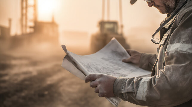 engineer checking construction plan on dusty site, man with hammer