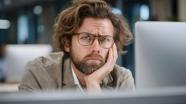 frustrated employee staring at computer error screen, man in the office