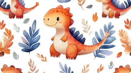 Fototapeta premium funny baby dino seamless pattern, watercolor painting, white background
