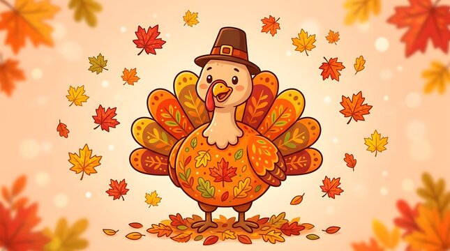 Cute cartoon turkey with autumn leaf patterns wearing a pilgrim hat