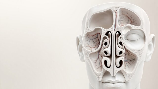 Matte white porcelain anatomical model showing cross section of the nasal cavity septum turbinates paranasal sinuses