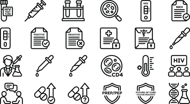Hiv awareness and medical treatment icons set