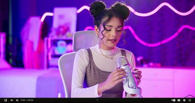 Bedroom, influencer and girl with microphone, live streaming and sound with nails, relaxing and whispering. Home, podcast and person with fingers, tapping and calm for fans, subscription and desk
