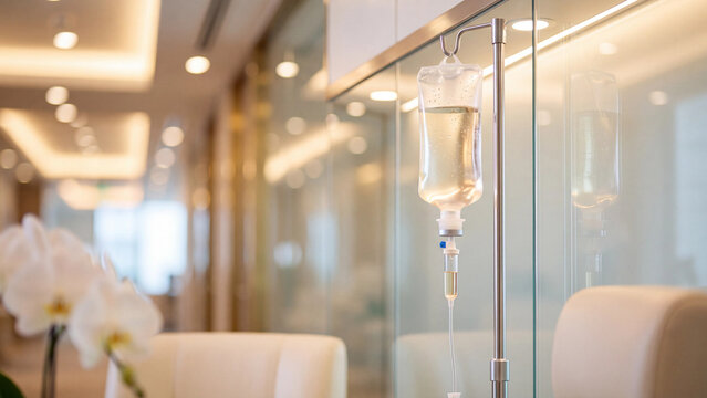Intravenous fluid bag hangs suspended in a tranquil medical clinic setting, symbolizing patient care and recovery with soft lighting and elegant decor.