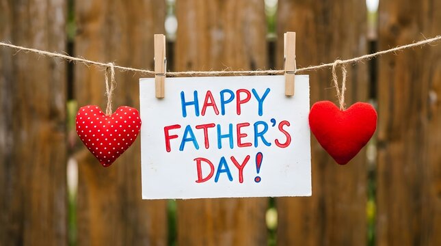 A festive and happy fathers day banner is hanging with beautiful heart decorations on a rustic wooden fence for a lovely celebration