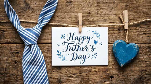 A heartfelt fathers day celebration featuring a blue and white striped tie alongside a lovingly crafted handmade card on aged wood