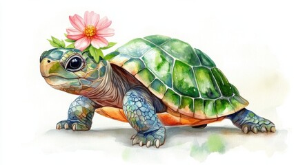 Fototapeta premium watercolor cartoon turtle with a tiny flower on its head, white background
