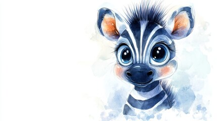 Naklejka premium watercolor cartoon zebra baby with big shiny eyes, white background