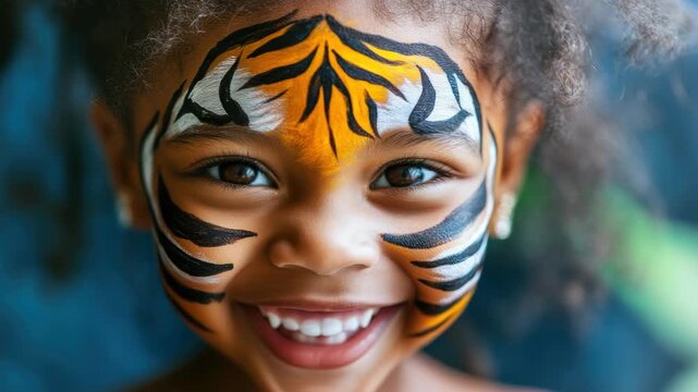 Smiling Girl with Tiger Face Paint