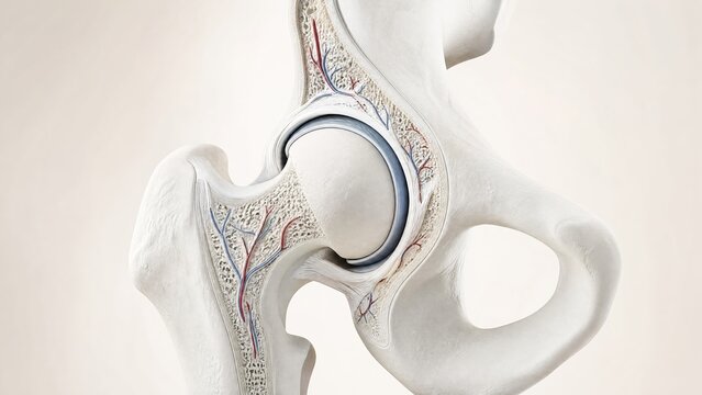 Matte white porcelain anatomical model showing cross section of the hip joint femoral head acetabulum cartilage