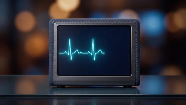 Digital display showcasing a vibrant blue electrocardiogram (ECG) line, representing health, vital signs, and medical monitoring on a sleek device against a blurred background.