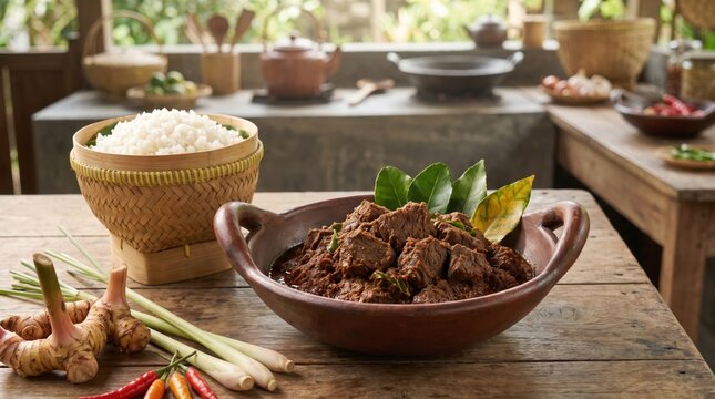 Indonesian beef rendang in clay bowl served with steamed rice galangal and lemongrass on wooden table. Concept of indonesian food, rendang daging, traditional dish, asian cuisine. Copy space.