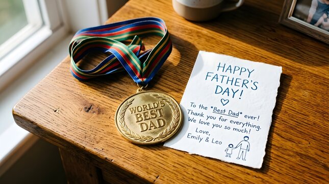 Well used and slightly scuffed childrens running shoes sit peacefully beside a gleaming gold medal and personal handwritten notes on aged wood
