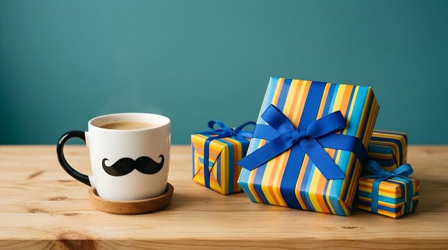 A delightful festive celebration featuring a charming mustache mug alongside beautifully wrapped colorful gifts on a rustic wooden table for birthdays and