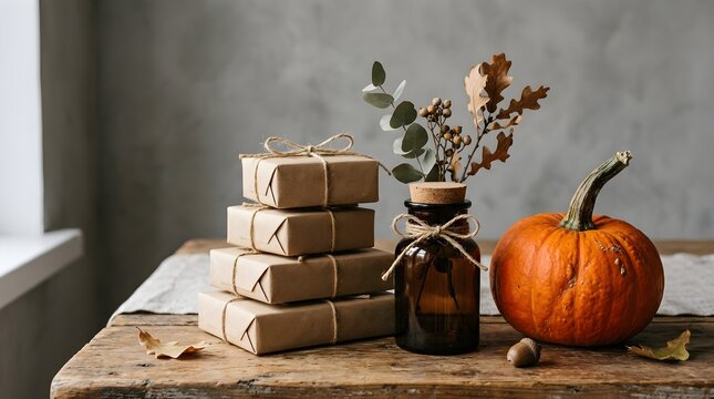 A cozy autumn still life composition with a stack of wrapped gifts a vibrant pumpkin and delicate dried flowers on old wood