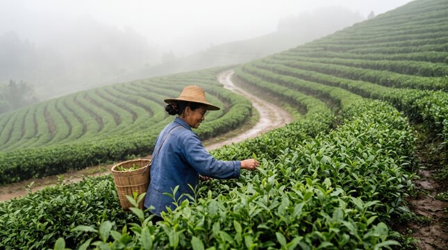 Asian female worker picking fresh green tea leaves on mountain plantation in foggy morning. Concept of tea harvest. Copy space.