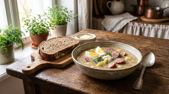 Traditional polish zurek soup served with sausage boiled egg and rye bread on wooden table. Concept of sour rye soup, polish cuisine, easter food. Copy space.