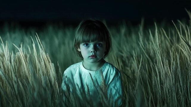 Portrait of a Young Child in a Grassy Field with Moody Lighting