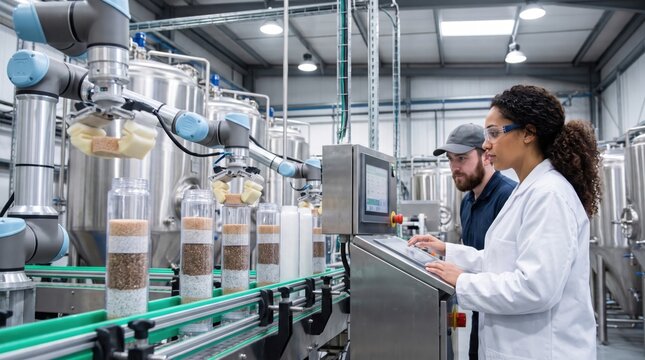 Engineers Operating Robotic Arm Line in Modern Chemical Manufacturing Factory. Concept of automated factory, industrial automation, chemical plant, smart manufacturing.