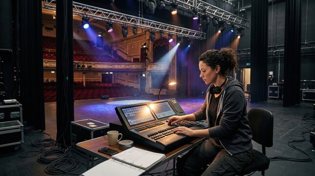 Female Lighting Engineer Operating DMX Console Desk for Theatre Stage Event Production. Concept of light technician.