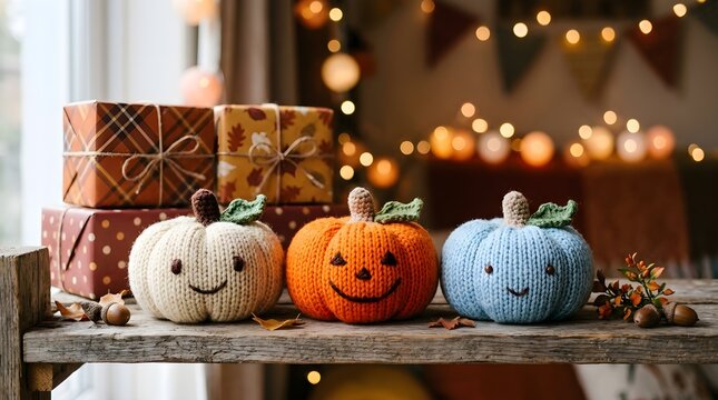 Beautifully carved halloween pumpkins and colorful autumn decorations make a warm and welcoming seasonal scene inside a home by a bright window