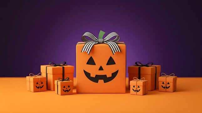 A beautifully presented halloween gift box features a cheerfully carved pumpkin face and a decorative ribbon bow set against a dark purple