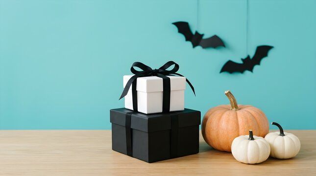 Beautiful halloween presents and colorful pumpkins are carefully arranged on a natural wood table with a vibrant teal backdrop for autumn festivities