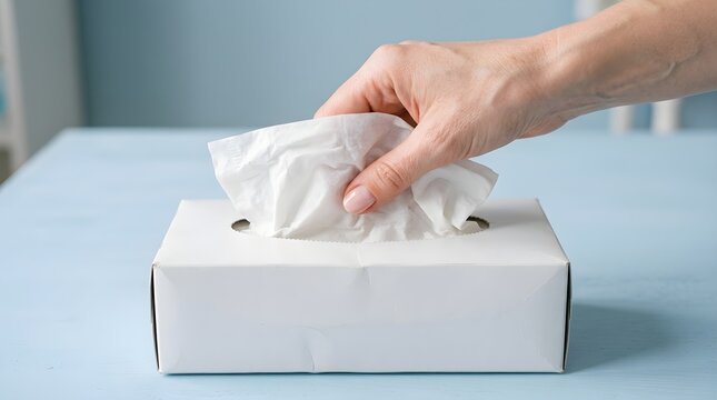 A close up shot of a human hand gently reaching to pull a facial tissue from a white box on a light