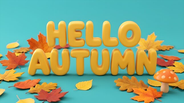 Hello autumn a vibrant three dimensional lettering design encircled by colorful fallen leaves and tiny pumpkins set against a bright teal colored