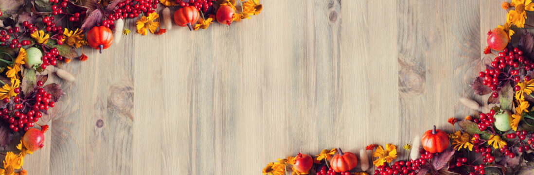 Thanksgiving background. Autumn banner with colorful berries, pumpkins, apples and flowers on the wooden background, free space for festive text