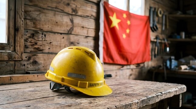 A yellow construction safety helmet sits before a fluttering chinese flag representing global construction projects and international teamwork and partnership