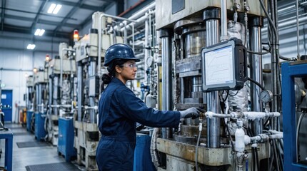 Fototapeta premium Female engineer operating industrial machinery with digital monitor in modern automated factory plant. Concept of factory worker, smart factory.