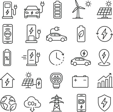 Electric Vehicle EV Charging station Renewable Energy Line Icon Set